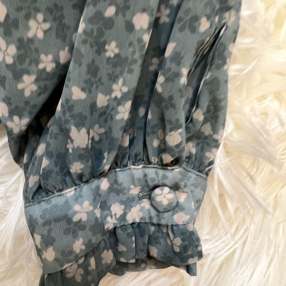 Zara Teal Floral Ruffle Button-Up Blouse - Picture 5 of 9